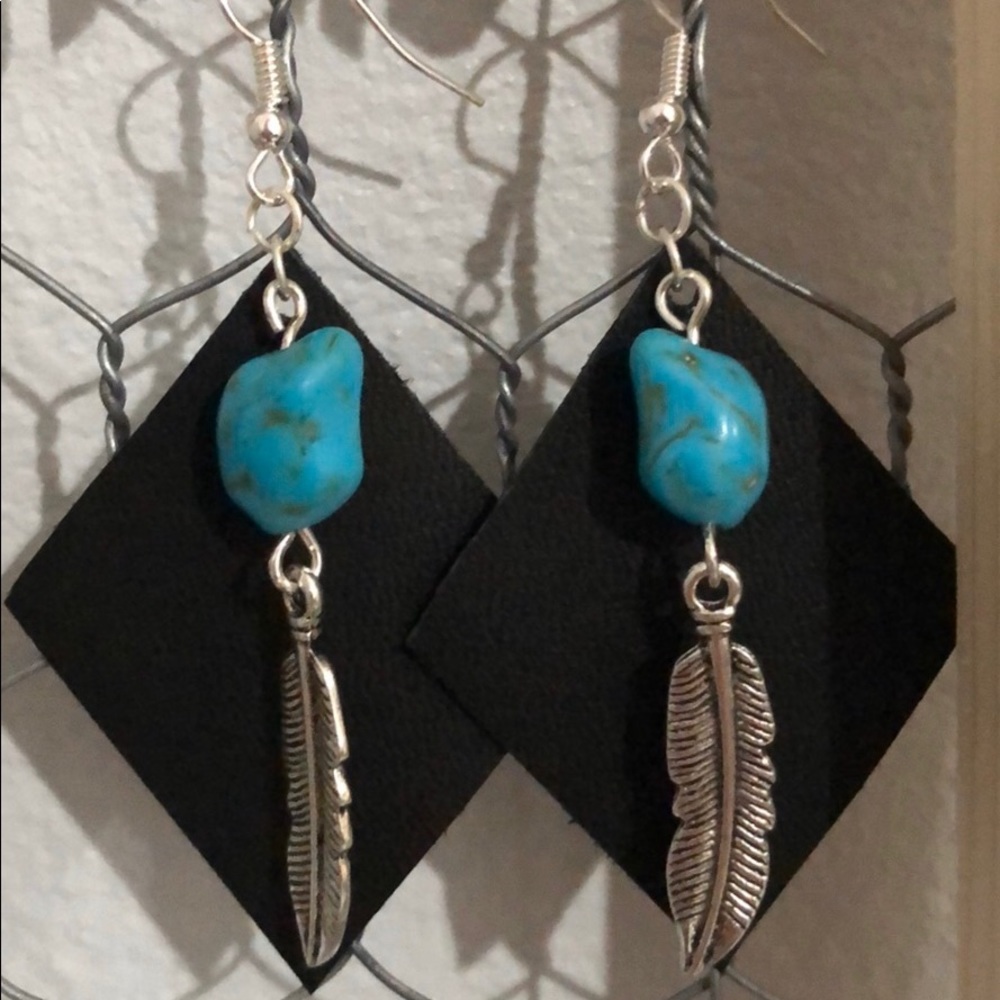 Black and turquoise leather earrings